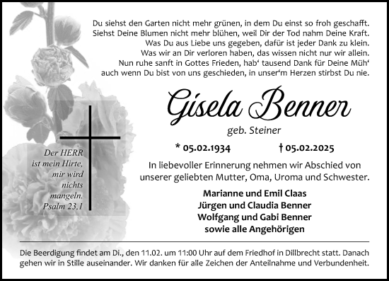Traueranzeige von Gisela Benner von Dill Block