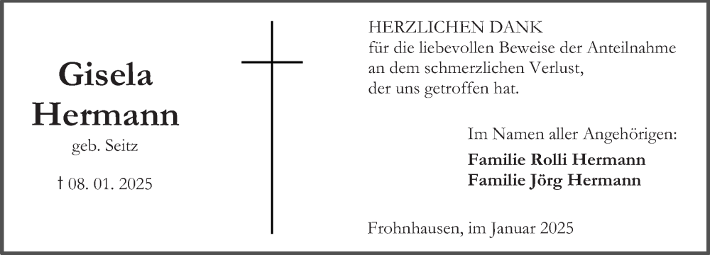  Traueranzeige für Gisela Hermann vom 01.02.2025 aus Dill Block