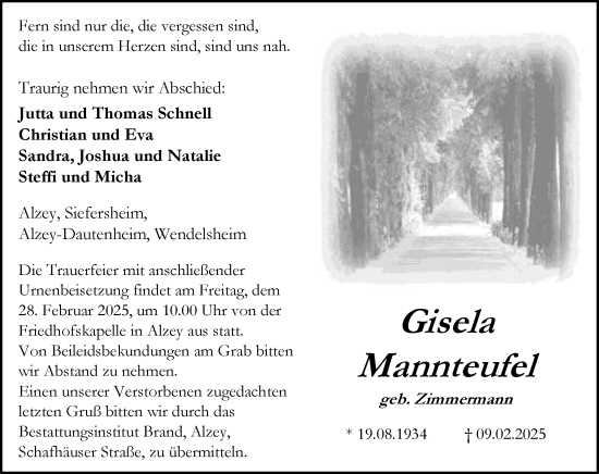 Traueranzeige von Gisela Mannteufel von Allgemeine Zeitung Alzey