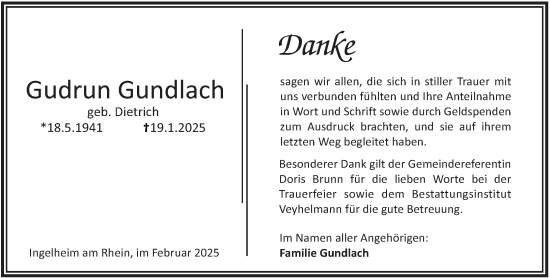 Traueranzeige von Gudrun Gundlach von Allgemeine Zeitung Rheinhessen-Nahe
