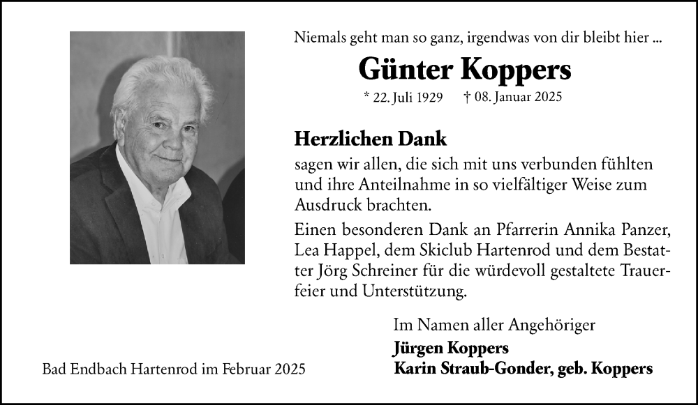  Traueranzeige für Günter Koppers vom 15.02.2025 aus Hinterländer Anzeiger