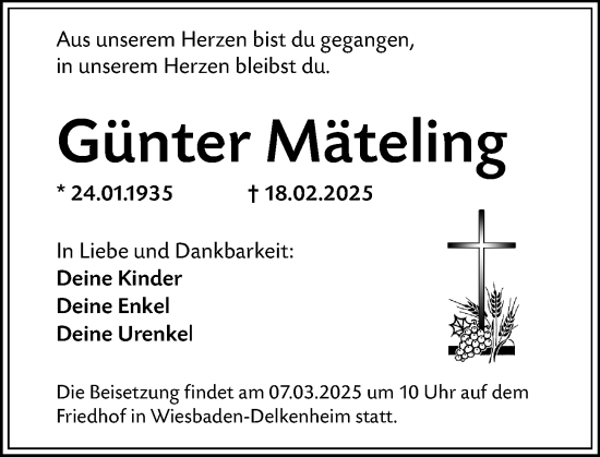 Traueranzeige von Günter Mäteling von Wiesbadener Kurier