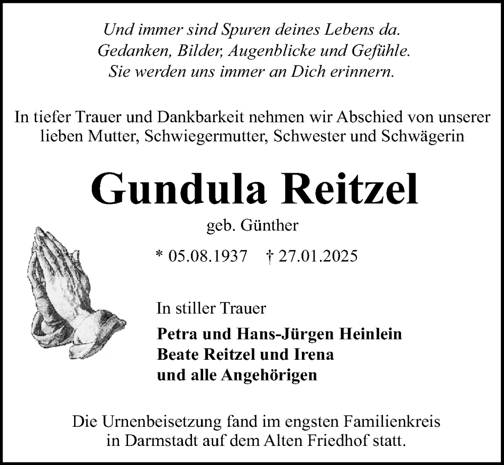  Traueranzeige für Gundula Reitzel vom 15.02.2025 aus Darmstädter Echo