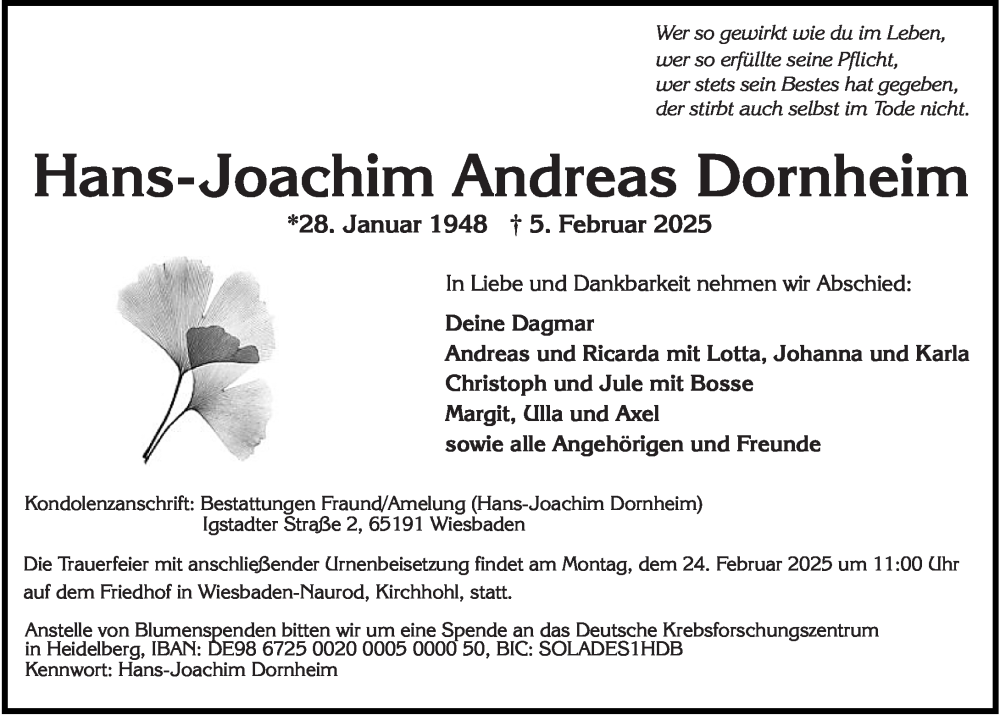  Traueranzeige für Hans-Joachim Dornheim vom 15.02.2025 aus Wiesbadener Kurier
