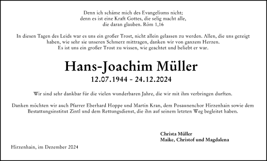 Traueranzeige von Hans-Joachim Müller von Dill Block