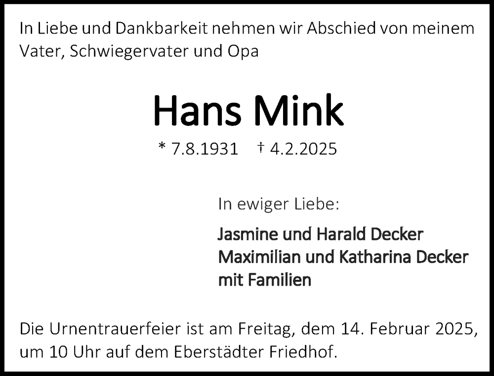  Traueranzeige für Hans Mink vom 08.02.2025 aus Darmstädter Echo