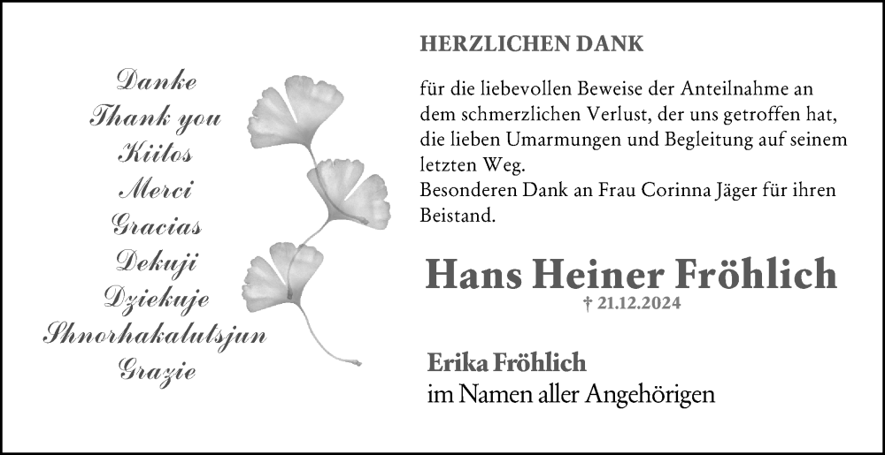  Traueranzeige für Hans Heiner Fröhlich vom 15.02.2025 aus Wiesbadener Kurier