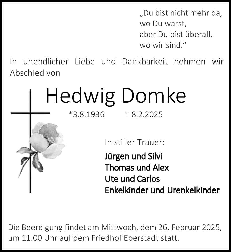  Traueranzeige für Hedwig Domke vom 24.02.2025 aus Darmstädter Echo