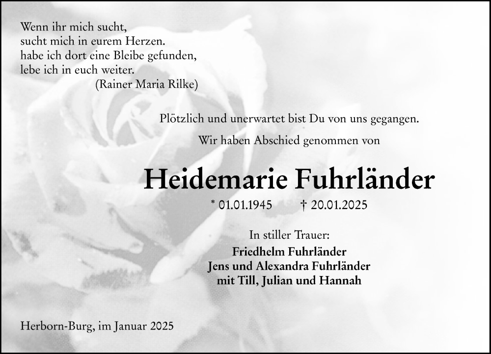  Traueranzeige für Heidemarie Fuhrländer vom 01.02.2025 aus Dill Block