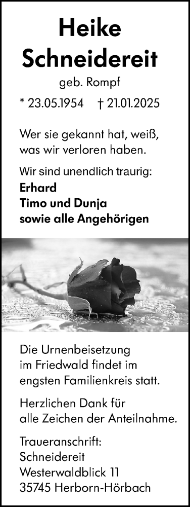  Traueranzeige für Heike Schneidereit vom 01.02.2025 aus Dill Block