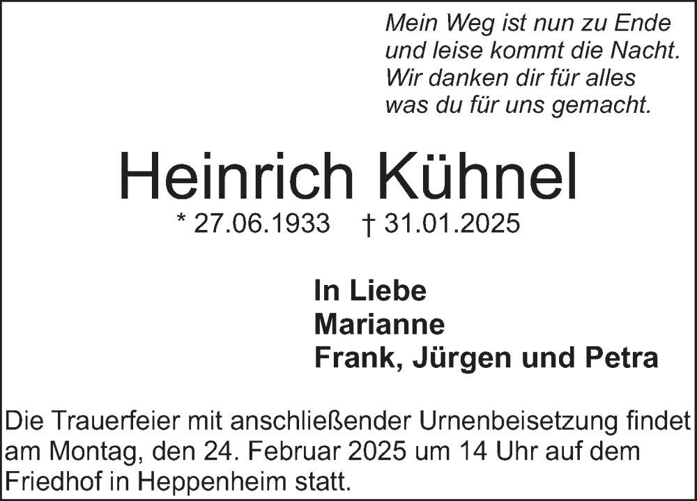  Traueranzeige für Heinrich Kühnel vom 21.02.2025 aus Starkenburger Echo