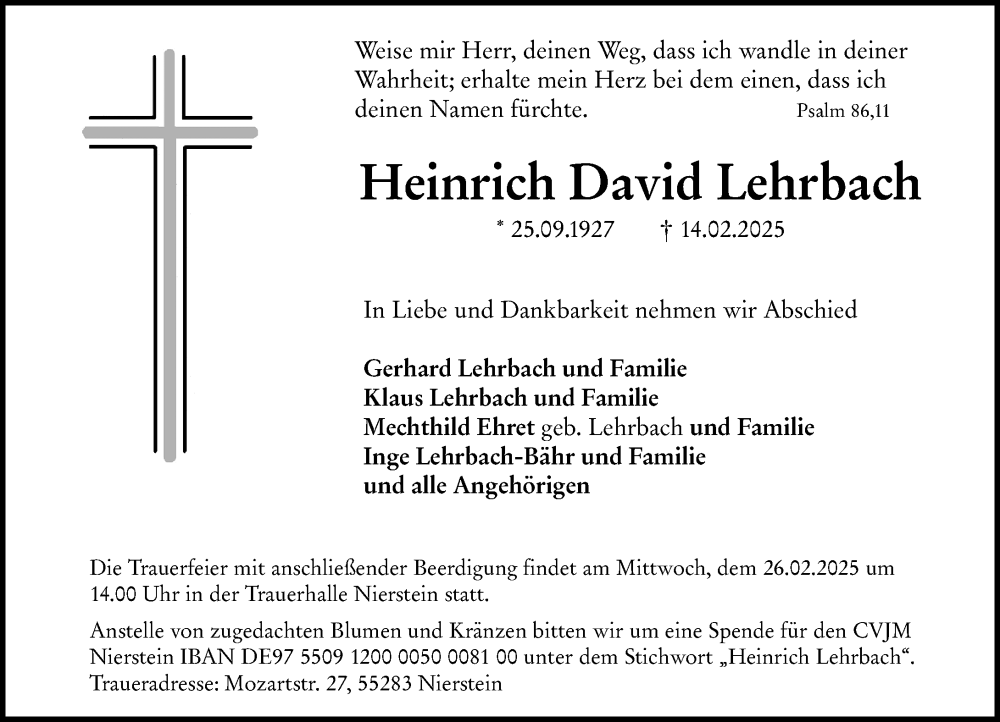  Traueranzeige für Heinrich David Lehrbach vom 22.02.2025 aus Allgemeine Zeitung Mainz
