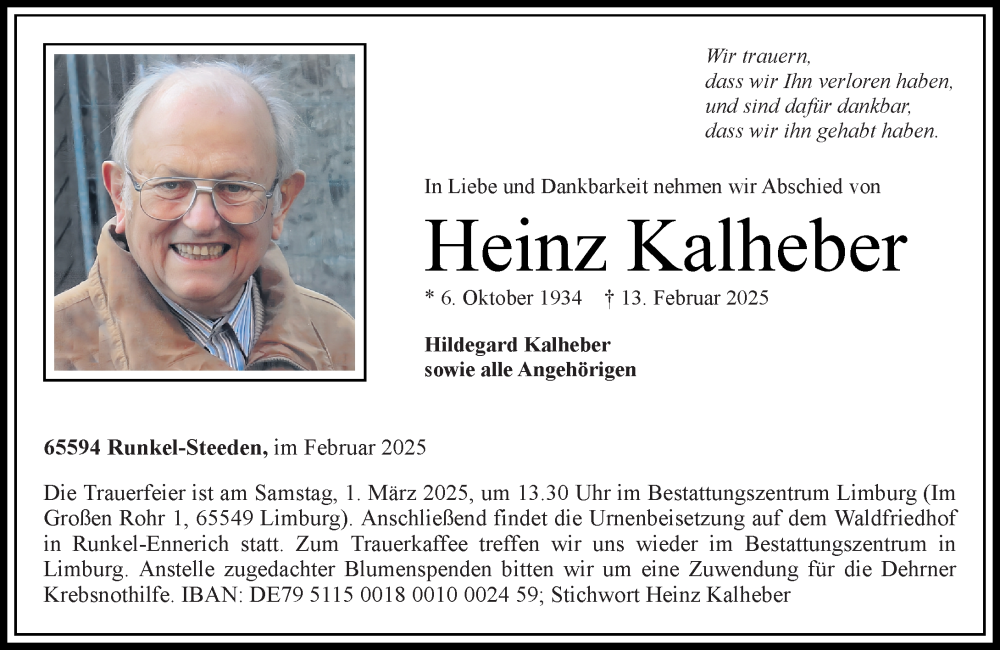  Traueranzeige für Heinz Kalheber vom 22.02.2025 aus Weilburger Tageblatt