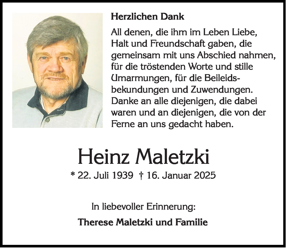  Traueranzeige für Heinz Maletzki vom 15.02.2025 aus Wiesbadener Kurier