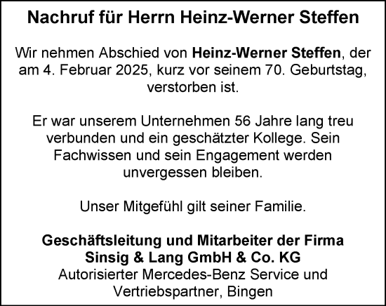 Traueranzeige von Heinz-Werner Steffen von Allgemeine Zeitung Rheinhessen-Nahe