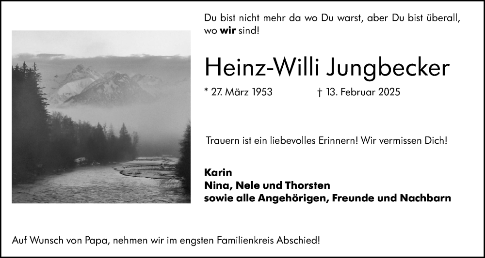  Traueranzeige für Heinz-Willi Jungbecker vom 22.02.2025 aus Allgemeine Zeitung Alzey