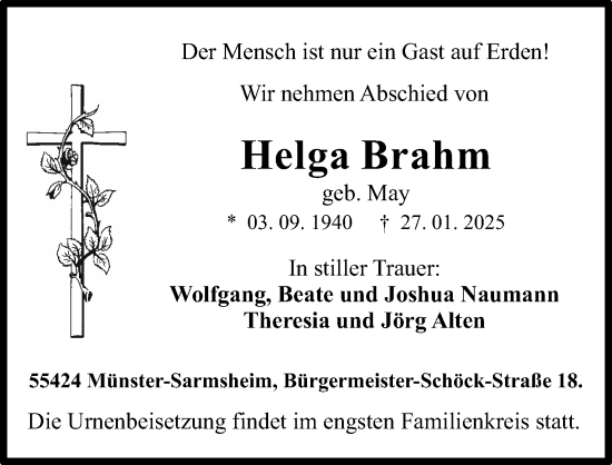 Traueranzeige von Helga Brahm von Allgemeine Zeitung Rheinhessen-Nahe
