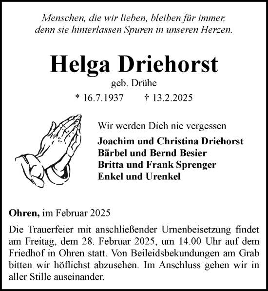 Traueranzeige von Helga Driehorst von Camberger Anzeiger
