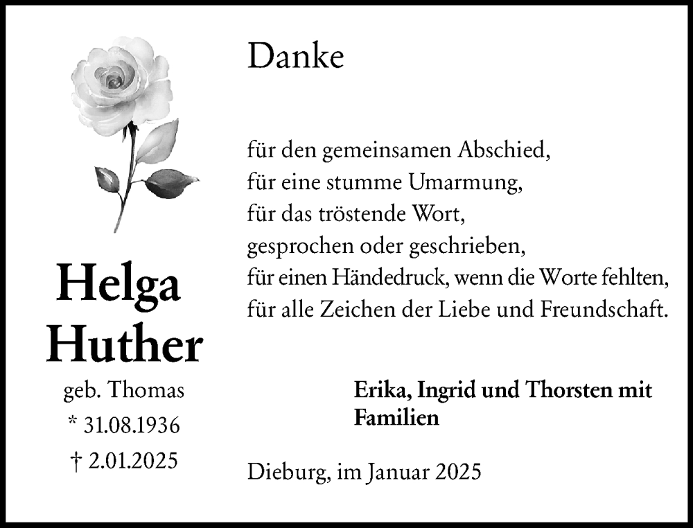  Traueranzeige für Helga Huther vom 01.02.2025 aus Dieburger Anzeiger/Groß-Zimmerner Lokal-Anzeiger