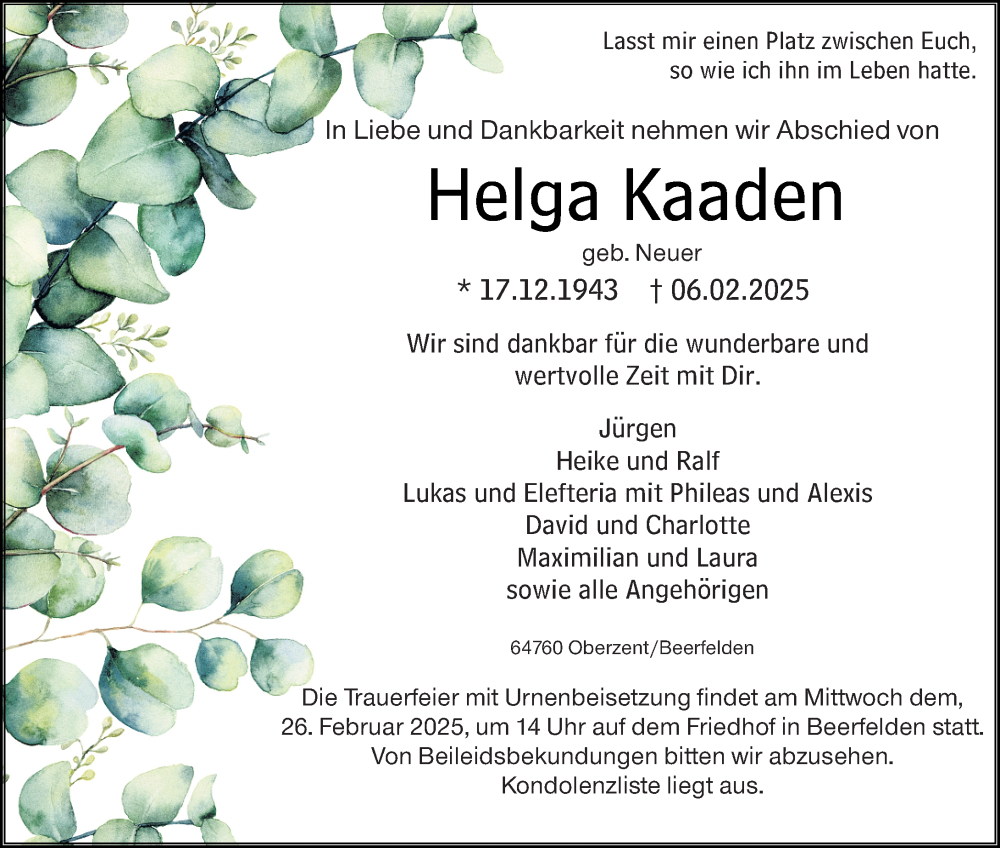  Traueranzeige für Helga Kaaden vom 22.02.2025 aus Odenwälder Echo