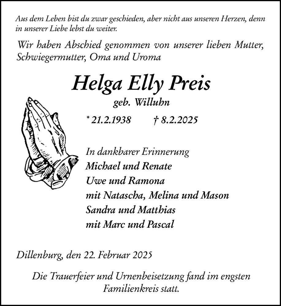  Traueranzeige für Helga Elly Preis vom 22.02.2025 aus Dill Block