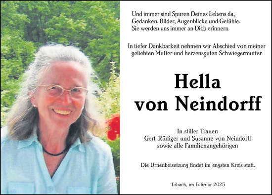 Traueranzeige von Hella von Neindorff von Odenwälder Echo
