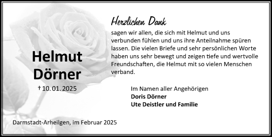 Traueranzeige von Helmut Dörner von Darmstädter Echo