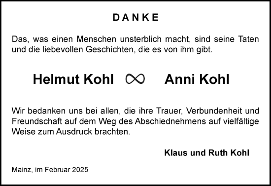 Traueranzeige von Helmut Kohl von Allgemeine Zeitung Mainz