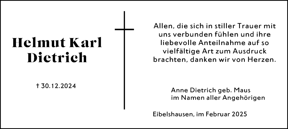  Traueranzeige für Helmut Karl Dietrich vom 01.02.2025 aus Dill Block