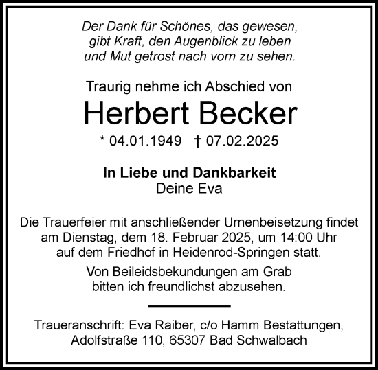 Traueranzeige von Herbert Becker von Wiesbadener Kurier