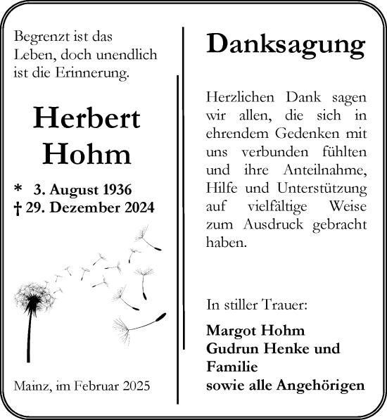Traueranzeige von Herbert Hohm von Allgemeine Zeitung Mainz