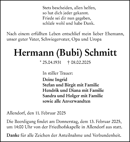 Traueranzeige von Hermann Schmitt von Dill Block