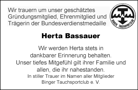 Traueranzeige von Herta Bassauer von Allgemeine Zeitung Rheinhessen-Nahe