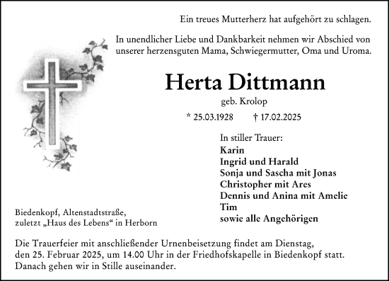 Traueranzeige von Herta Dittmann von Hinterländer Anzeiger