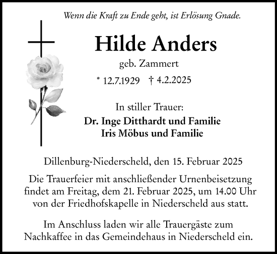 Traueranzeige von Hilde Anders von Dill Block