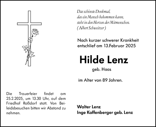 Traueranzeige von Hilde Lenz von Darmstädter Echo