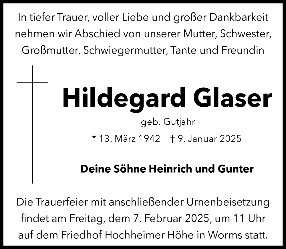  Traueranzeige für Hildegard Glaser vom 04.02.2025 aus Wormser Zeitung
