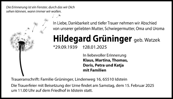 Traueranzeige von Hildegard Grüninger von Idsteiner Land/Untertaunus