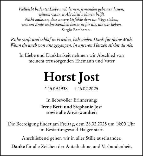 Traueranzeige von Horst Jost von Dill Block