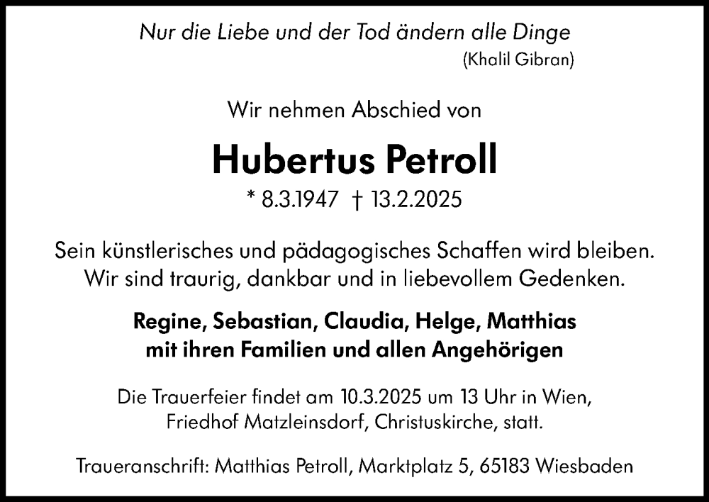  Traueranzeige für Hubertus Petroll vom 22.02.2025 aus Wiesbadener Kurier