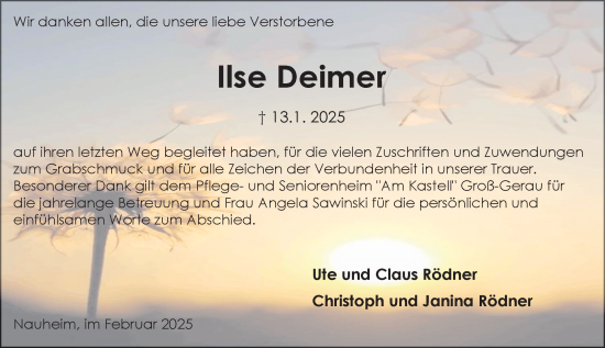 Traueranzeige von Ilse Deimer von Groß-Gerauer Echo