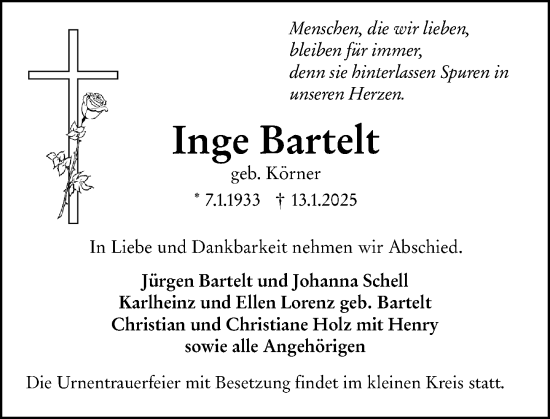 Traueranzeige von Inge Bartelt von Wiesbadener Kurier