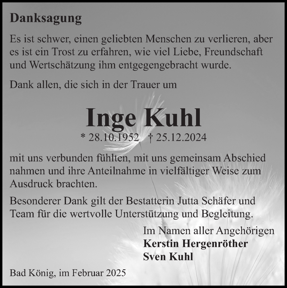  Traueranzeige für Inge Kuhl vom 15.02.2025 aus Odenwälder Echo
