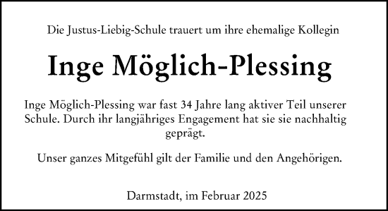 Traueranzeige von Inge Möglich-Plessing von Darmstädter Echo
