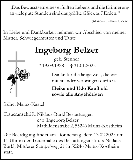 Traueranzeige von Ingeborg Belzer von Allgemeine Zeitung Mainz