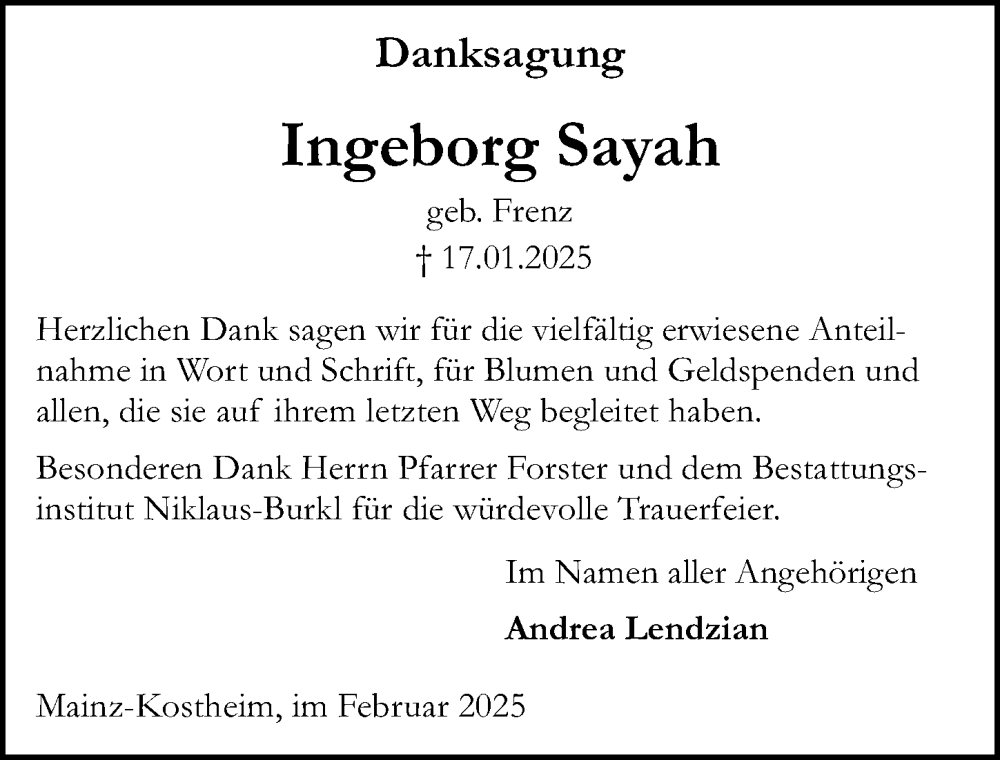  Traueranzeige für Ingeborg Sayah vom 15.02.2025 aus Allgemeine Zeitung Mainz