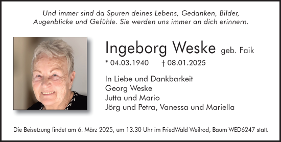Traueranzeige von Ingeborg Weske von Idsteiner Land/Untertaunus