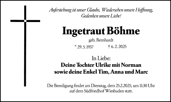 Traueranzeige von Ingetraut Böhme von Wiesbadener Kurier