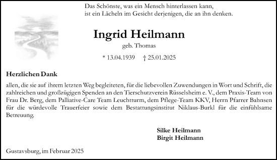 Traueranzeige von Ingrid Heilmann von Allgemeine Zeitung Mainz