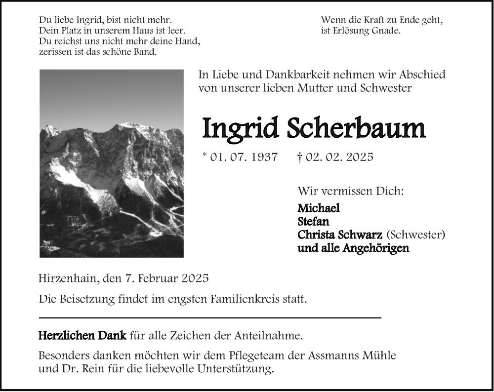  Traueranzeige für Ingrid Scherbaum vom 07.02.2025 aus Dill Block